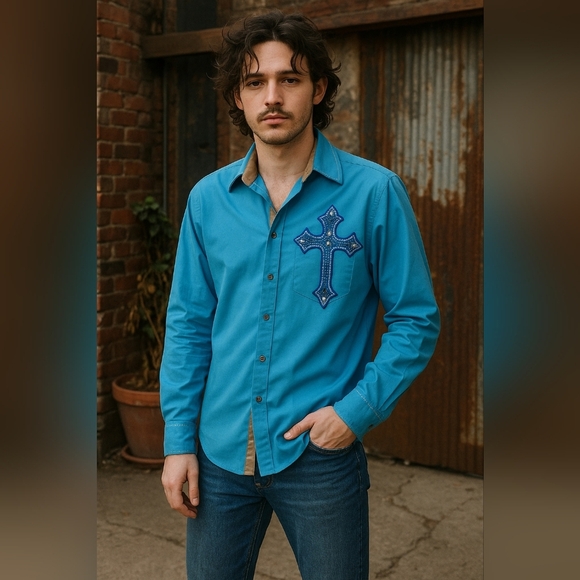 ace of diamond Other - Ace of Diamond Blue Embroidered Cross Western Shirt Men’s Long Sleeve